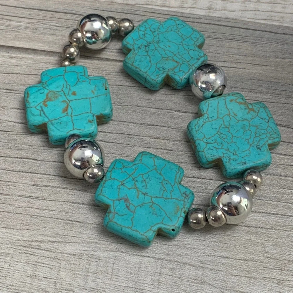 Faux Turquoise Cross Stretch Bracelet Silver Tone Beads Southwestern Style 4613